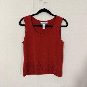 Nine & Company Womens Red Beaded Knit Tank Top Shell Scoop Neck Size M Holiday